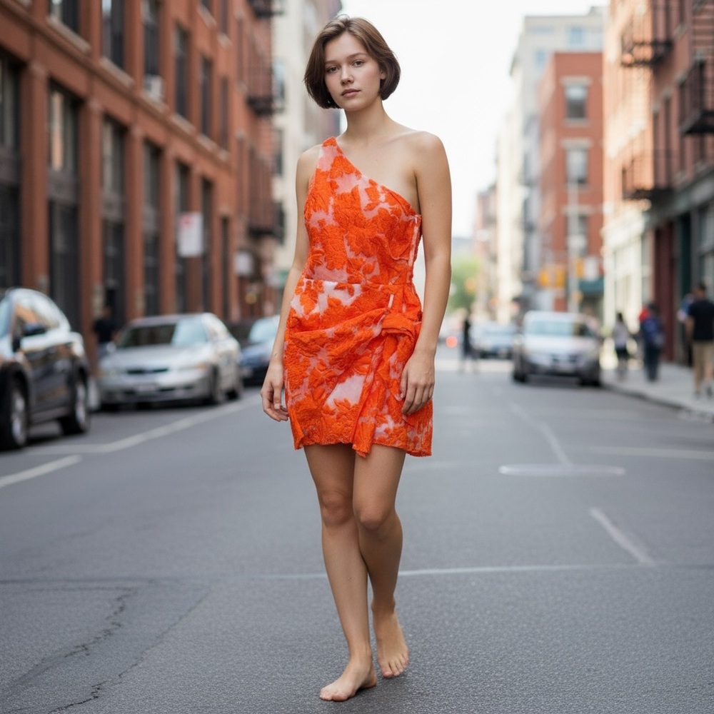 Reverse One Shoulder Orange Floral Side Tie Knot Jacquard Mini Dress Sz 8 NWT